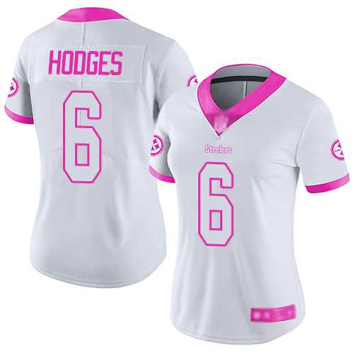 Women Pittsburgh Steelers Football #6 Limited White Pink Devlin Hodges Rush Fashion Nike NFL Jersey